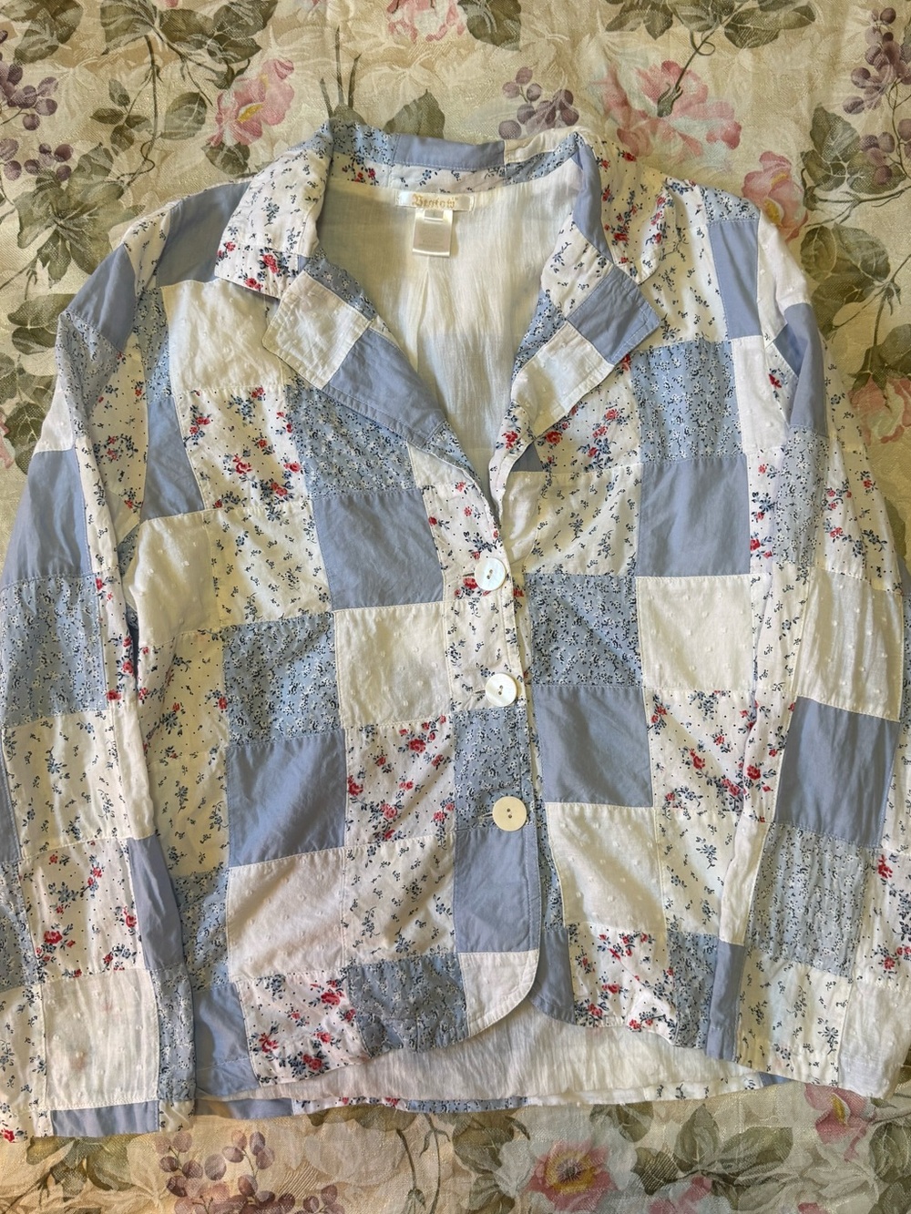Bestow Women’s L Blue Floral Patchwork Cotton Blazer Jacket Cottagecore